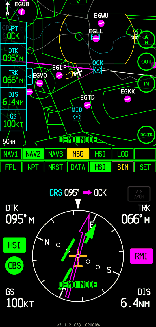 HSI with OBS course 095 and the OBS line on the map