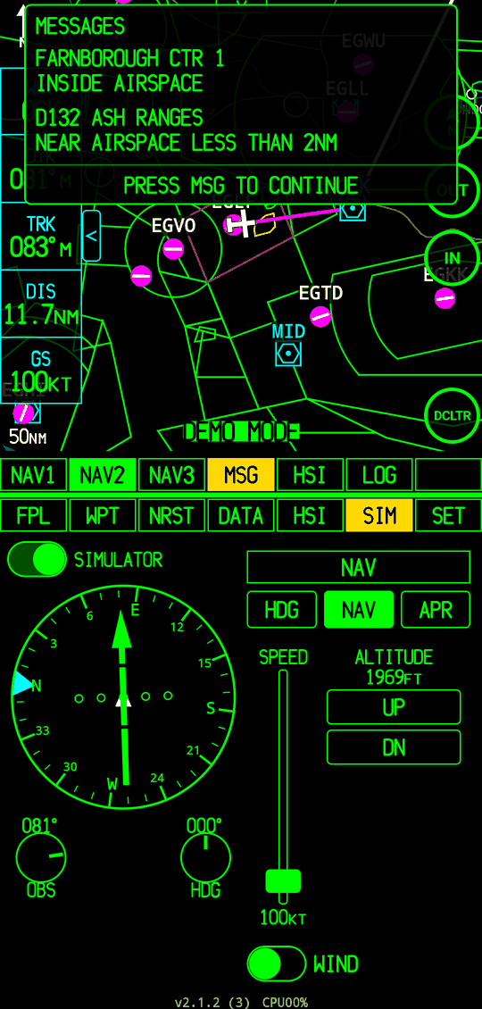 MSG window with airspace messages