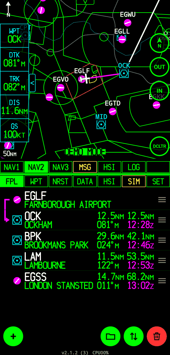 Split screen with the moving map above and the flight plan below